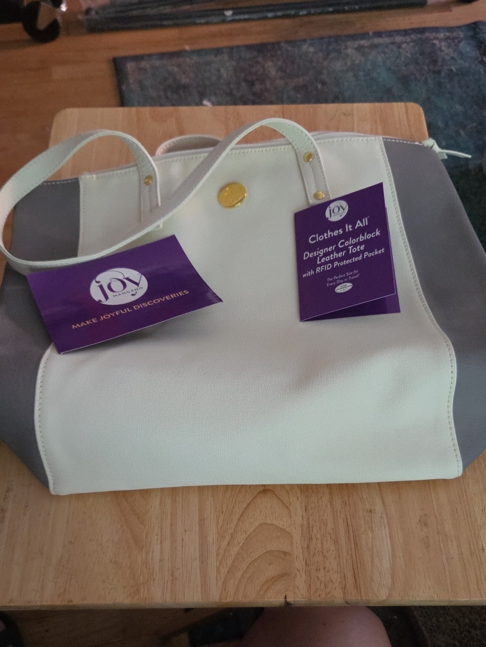 Joy Mangano Cream and Gray Colorblock Tote